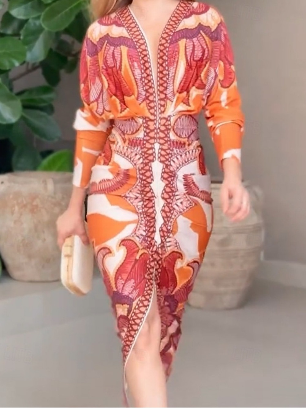 ChicMe Orange Printed V-Neck Women’s Midi Dress size L